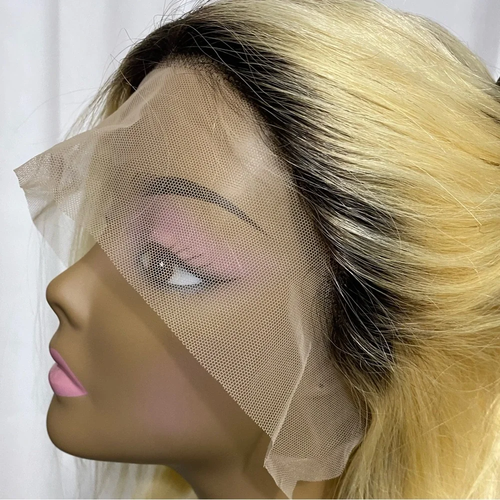 Short Ombré Blonde Bob Wig 100% Human Hair Lace Front T Part Wig 12” Blunt Cut